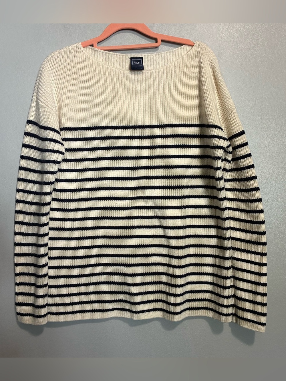 GAP Wool Blend Navy Blue Striped Crewneck Sweater Size L Preppy Coastal
